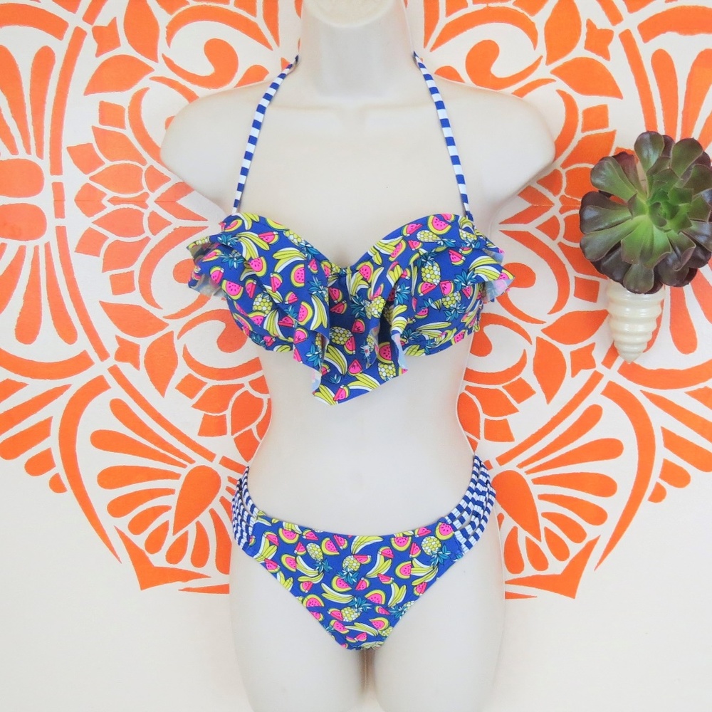 Bongo Blue Tropical Fruit Ruffled Bikini M